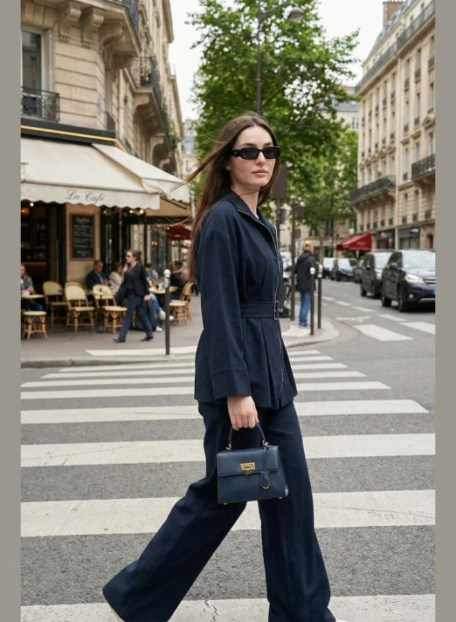 ليلا طقم نسائي ليلا بقصة عادية مع حزام وسحاب، أرجل واسعة، طقم